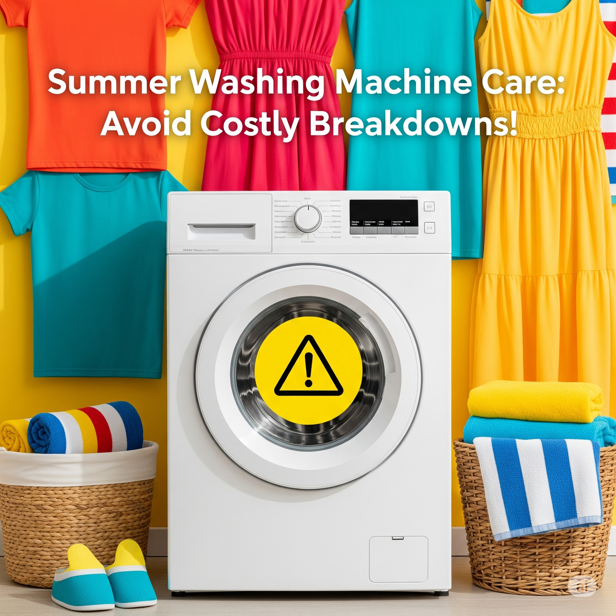 A well-lit image of a washing machine with a warning symbol, emphasizing the importance of appliance care during summer, surrounded by vibrant laundry and the slogan "Summer Washing Machine Care: Avoid Costly Breakdowns!