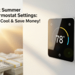 A high-quality, tech-focused image of a smart thermostat on a wall showing 78°F. Sunbeams and blurred dollar bills symbolize savings, with prominent text: "Best Summer Thermostat Settings: Stay Cool & Save Money!"