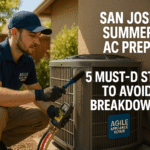 Agile Appliance Repair HVAC technician performing summer AC maintenance in San Jose to prevent breakdowns – cleaning condenser unit and checking refrigerant levels.