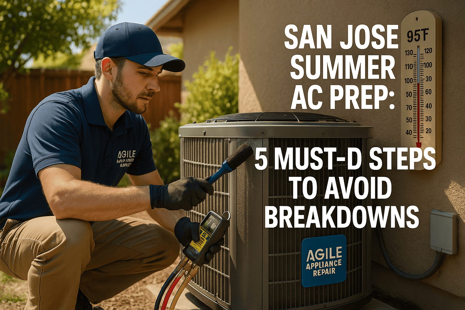 Agile Appliance Repair HVAC technician performing summer AC maintenance in San Jose to prevent breakdowns – cleaning condenser unit and checking refrigerant levels.