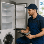 Agile Appliance Repair technician inspecting a refrigerator and washing machine in a San Jose home to assess repair or replacement options