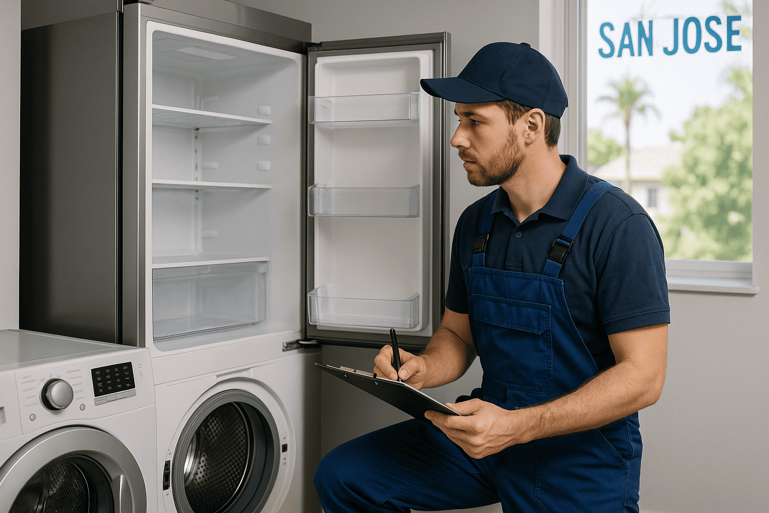 Agile Appliance Repair technician inspecting a refrigerator and washing machine in a San Jose home to assess repair or replacement options
