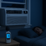 A silent Midea U-shaped window AC unit operating at night in a San Jose bedroom, showing a low decibel meter reading for peaceful sleep