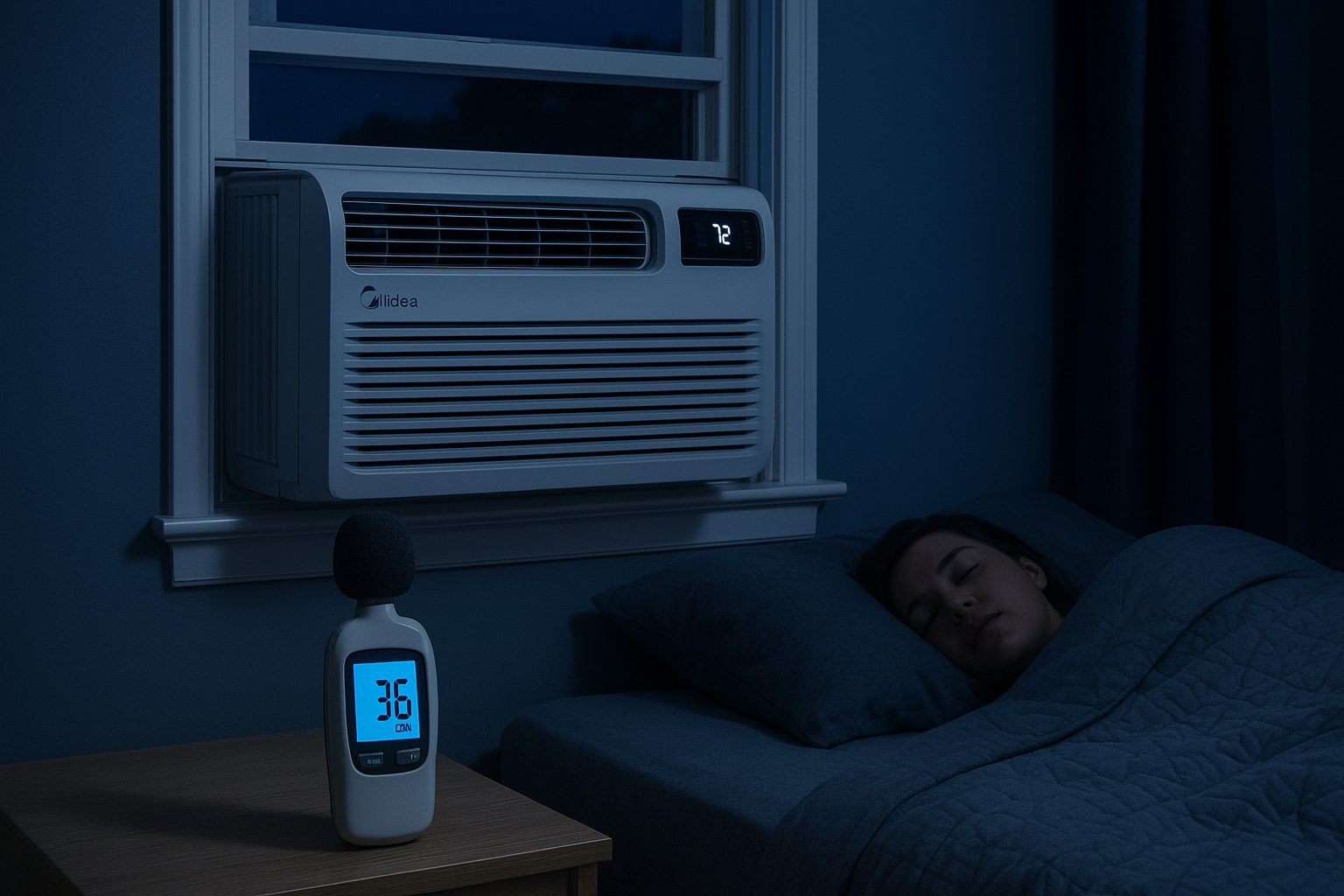 A silent Midea U-shaped window AC unit operating at night in a San Jose bedroom, showing a low decibel meter reading for peaceful sleep