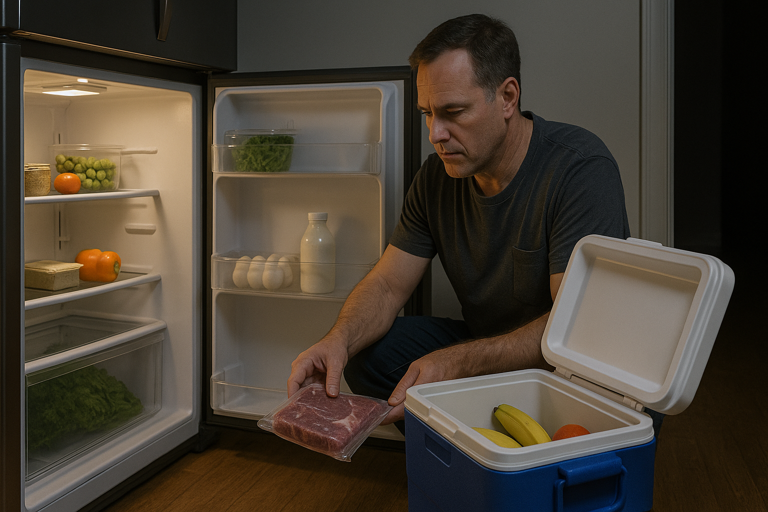 Homeowner moving food from a broken refrigerator into a cooler to prevent spoilage