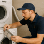 San Jose appliance repair technician inspecting a home dryer that isn’t drying clothes, checking the lint trap and vent system to fix airflow issues.