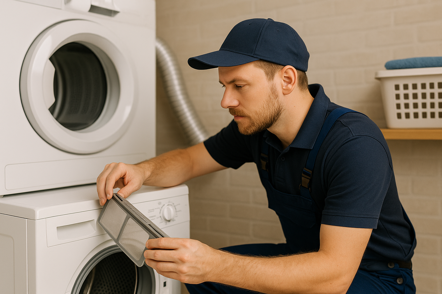 San Jose appliance repair technician inspecting a home dryer that isn’t drying clothes, checking the lint trap and vent system to fix airflow issues.