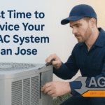 San Jose HVAC technician performing seasonal maintenance on a home air conditioning unit during spring, with Agile Appliance & HVAC logo at the bottom right.