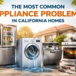 Illustrated blog cover highlighting common appliance problems in California homes, including washer, dryer, oven, and dishwasher icons