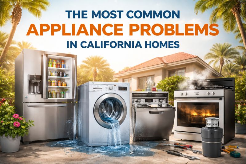 Illustrated blog cover highlighting common appliance problems in California homes, including washer, dryer, oven, and dishwasher icons