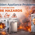 Illustrated image of common household appliances catching fire, representing hidden appliance problems and fire hazards in California homes