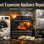 Most expensive appliance repairs including broken washing machine, oven, and refrigerator with visible damage