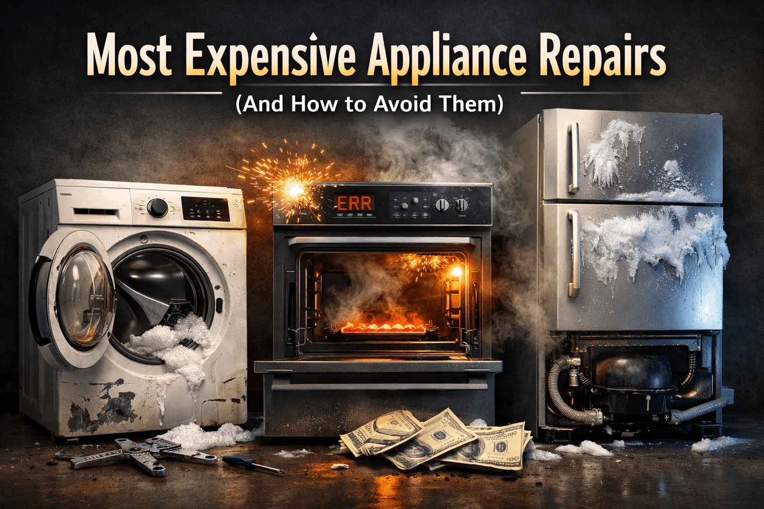 Most expensive appliance repairs including broken washing machine, oven, and refrigerator with visible damage