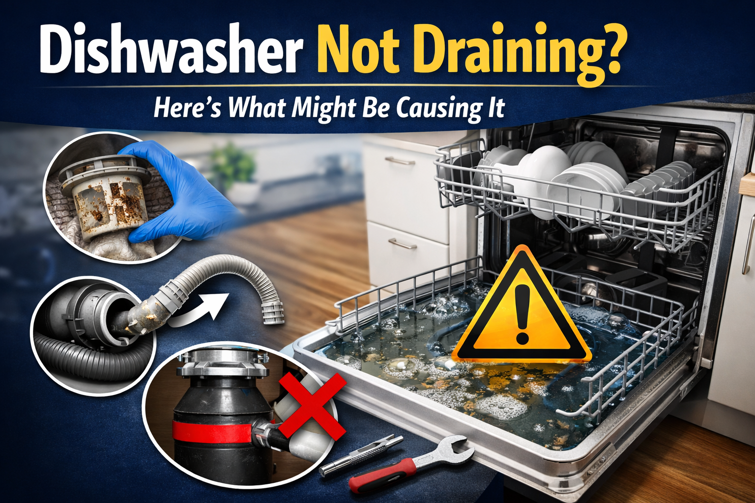 Dishwasher not draining with standing dirty water inside and warning sign, showing clogged filter, drain hose, and garbage disposal issues