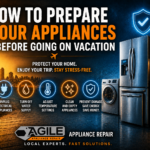 How to prepare your appliances before going on vacation blog cover featuring a refrigerator, oven, microwave, washing machine, suitcase, and travel-themed background. Appliance maintenance tips for homeowners, including unplugging appliances, turning off water supply, adjusting temperature settings, and preventing appliance damage while away.