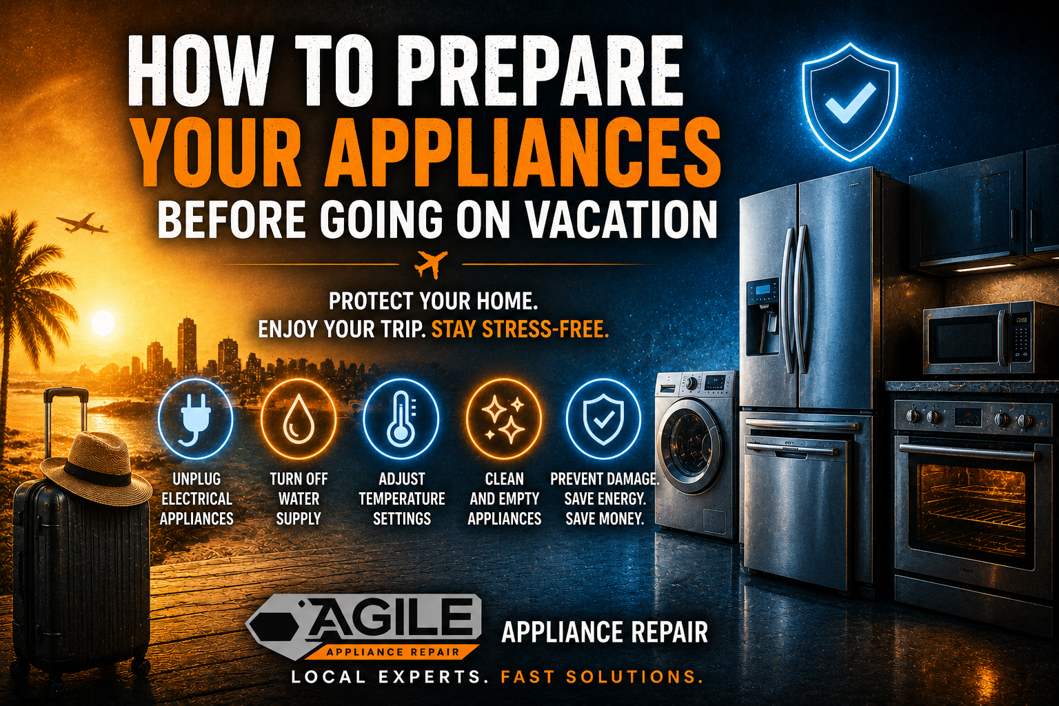 How to prepare your appliances before going on vacation blog cover featuring a refrigerator, oven, microwave, washing machine, suitcase, and travel-themed background. Appliance maintenance tips for homeowners, including unplugging appliances, turning off water supply, adjusting temperature settings, and preventing appliance damage while away.