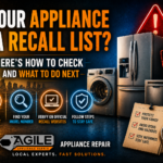 Is your appliance on a recall list? Blog cover featuring refrigerators, ovens, dishwashers, and washing machines with recall warning signs and safety checklist. Homeowner guide to checking appliance recalls, finding model numbers, verifying recall notices, and preventing appliance safety risks.