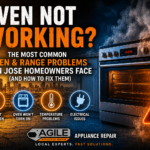 Oven not working? Blog cover showing a faulty oven with smoke, warning symbols, and common oven and range repair issues including no heat, temperature problems, electrical faults, and oven not turning on. Appliance repair guide for San Jose homeowners by Agile Appliance Repair.