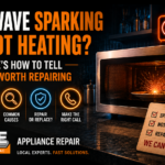 Microwave sparking or not heating in a modern kitchen with Agile Appliance & HVAC logo, promoting expert microwave repair and diagnostics.