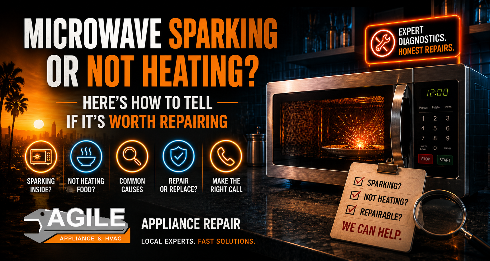 Microwave sparking or not heating in a modern kitchen with Agile Appliance & HVAC logo, promoting expert microwave repair and diagnostics.